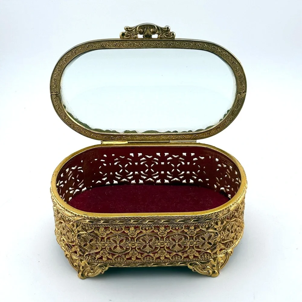 Vintage Mele Gold Filigree Casket Jewelry Box‎ Beveled Glass Japan